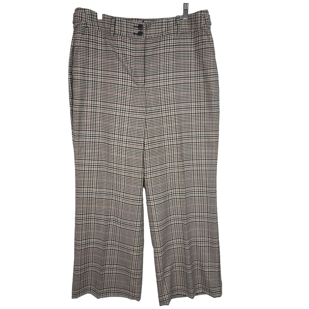 Talbots Dress Pants Curvy Plaid Ivory Brown 16 Wool Blend Wide Leg Lined Career
